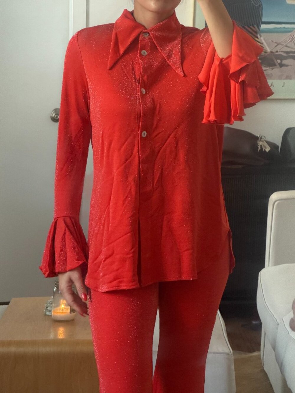 Sleeper Red Lurex Shirt with Ruffle Cuffs — Small, NWOT